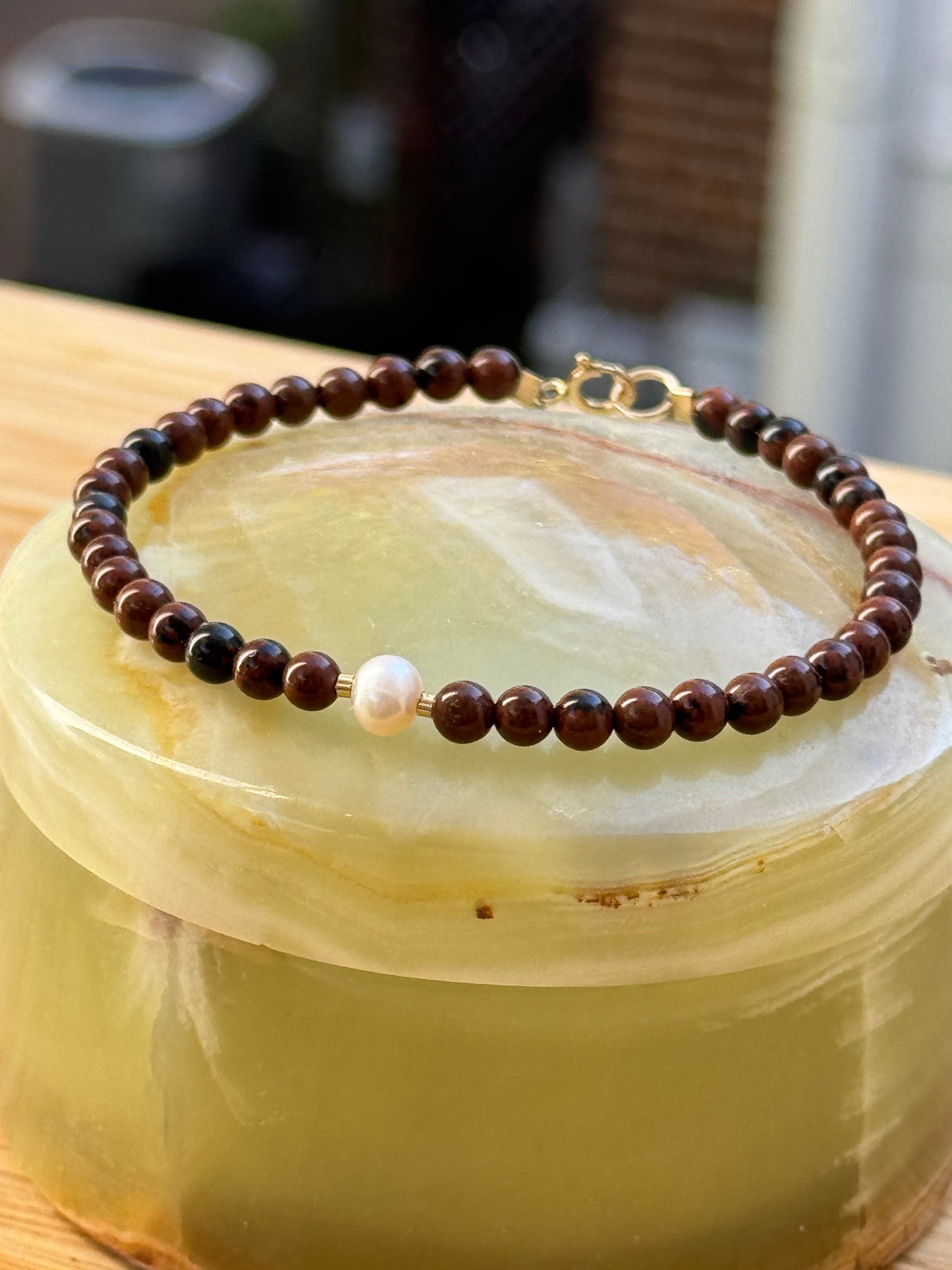 Mahogany Obsidian + Freshwater Pearl + Gold