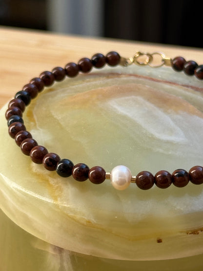 Mahogany Obsidian + Freshwater Pearl + Gold