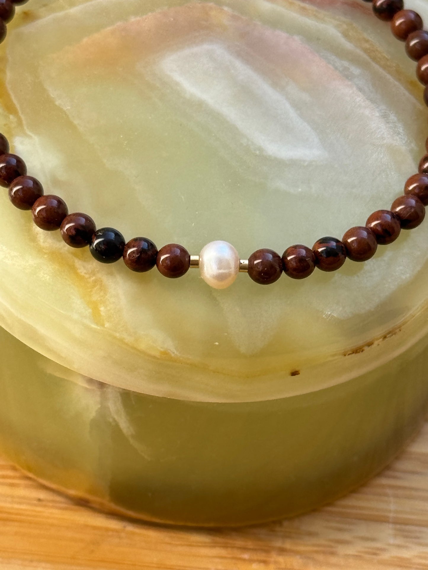 Mahogany Obsidian + Freshwater Pearl + Gold