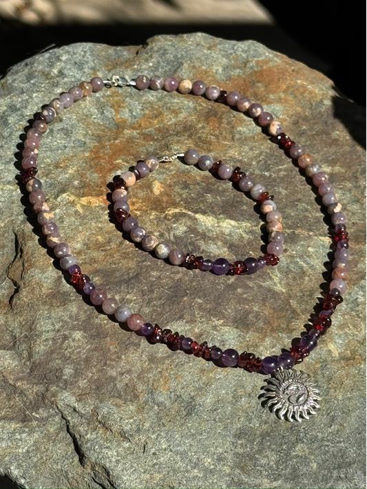 Madagascar Rose Quartz + Garnet + Amethyst - Necklace and Bracelet Set